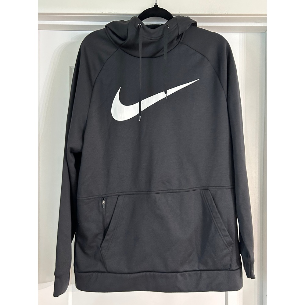 Nike Therma-FIT Mens Pullover Hoodie Black White Swoosh‎ Scuba Hood Large
